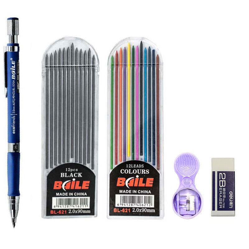 20mm Mechanical Pencil Set – 2B Automatic Pencil with Colored Barrels