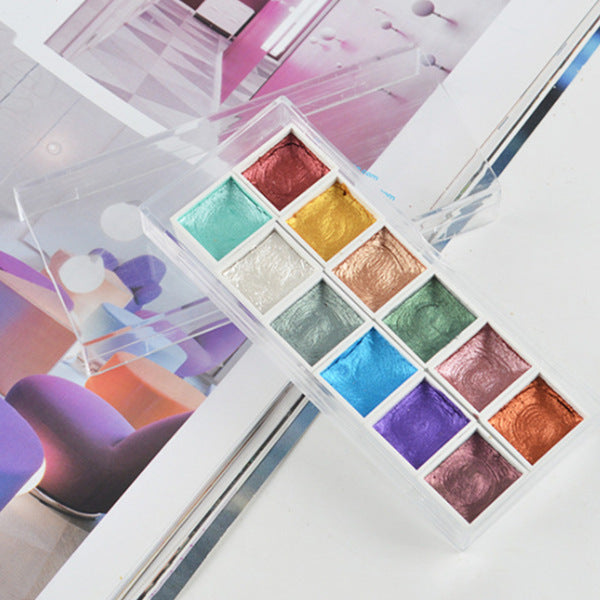12-Color Solid Pearlescent Watercolor Set – Hand-Painted Sketch Art Palette
