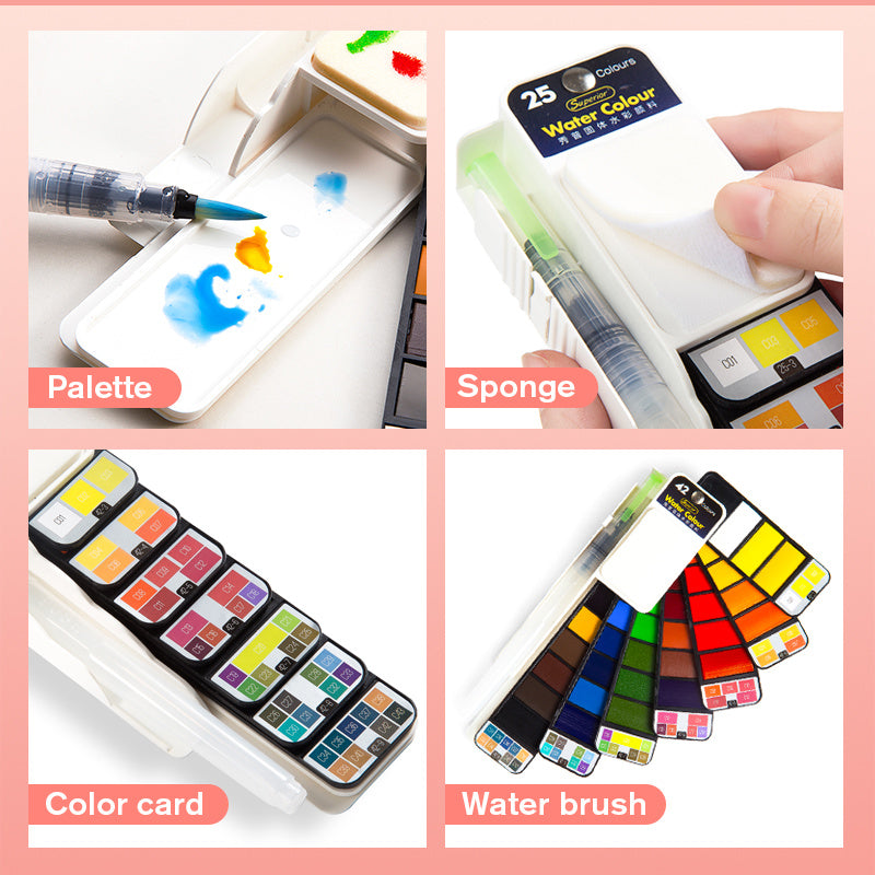 Solid Watercolor Paint Set with Water Brush – Foldable Travel Art Kit
