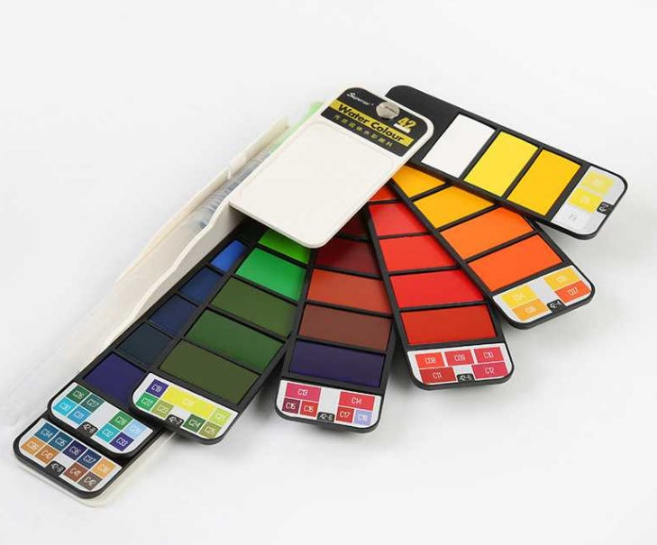 Solid Watercolor Paint Set with Water Brush – Foldable Travel Art Kit