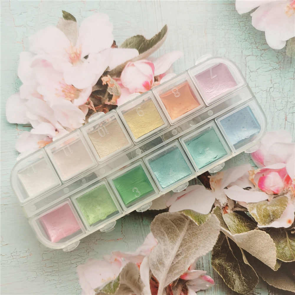 12-Color Solid Pearlescent Watercolor Set – Hand-Painted Sketch Art Palette