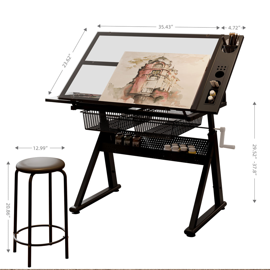 Hand-Crank Adjustable Tempered Glass Drafting Table with Chair – Drawing & Printing Desk with Storage for Living Room, Study & Bedroom