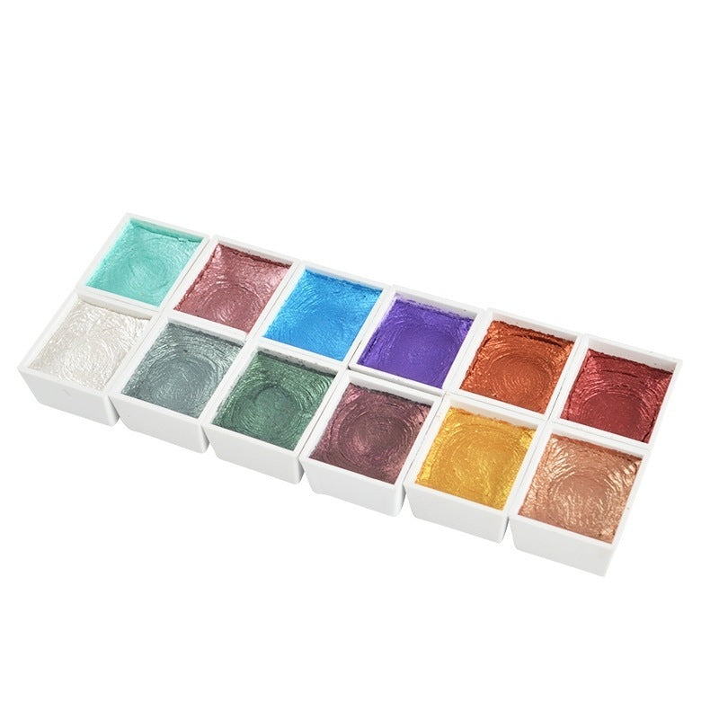 12-Color Solid Pearlescent Watercolor Set – Hand-Painted Sketch Art Palette