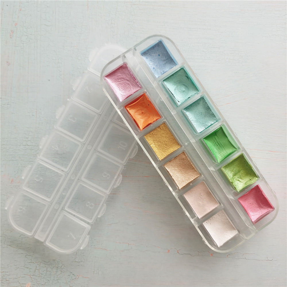 12-Color Solid Pearlescent Watercolor Set – Hand-Painted Sketch Art Palette