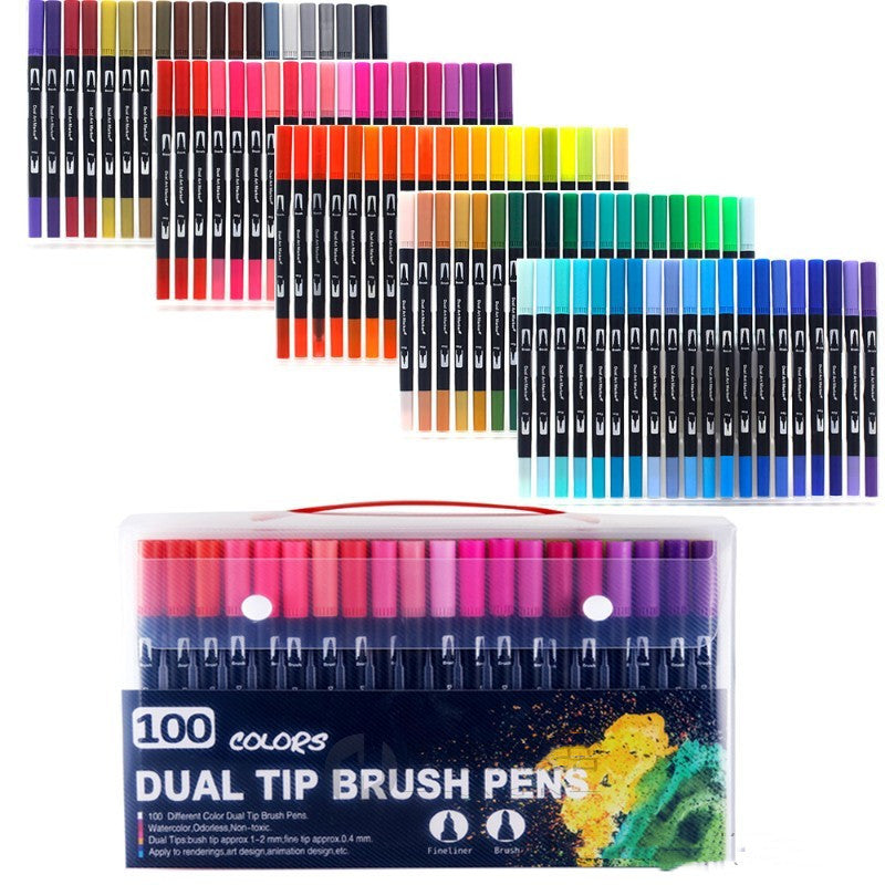 100 Colors Watercolor Brush Markers – Dual-Tip Brush & Fineliner Pens