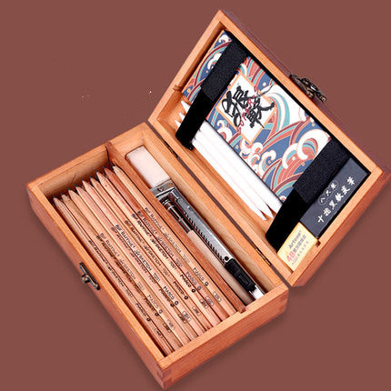 Retro Solid Wood Sketch Pencil Case – Multifunctional Artist Storage Box