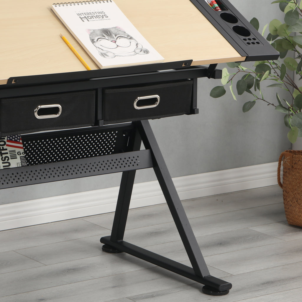 Adjustable Wooden Drawing & Drafting Table Desk with 2 Drawers and Stool – Perfect for Home, Office & School