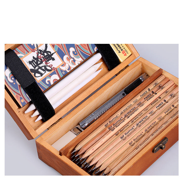 Retro Solid Wood Sketch Pencil Case – Multifunctional Artist Storage Box
