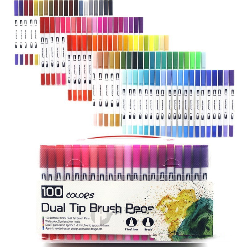 100 Colors Watercolor Brush Markers – Dual-Tip Brush & Fineliner Pens