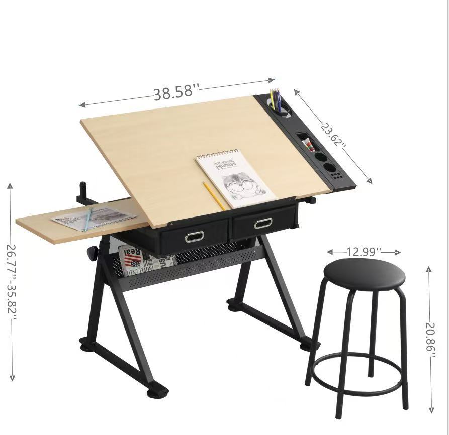 Adjustable Wooden Drawing & Drafting Table Desk with 2 Drawers and Stool – Perfect for Home, Office & School