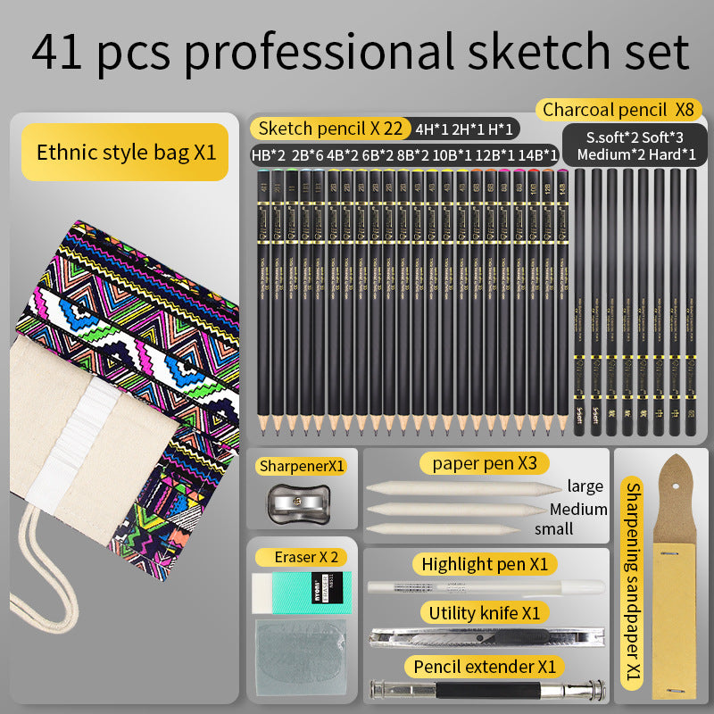 41-Piece Sketch Pencil Set in Cloth Bag – Complete Drawing Kit