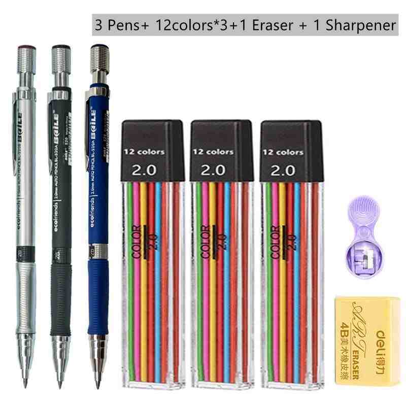 Mechanical Pencil Set 20mm – 2B Black & Color Lead Refills