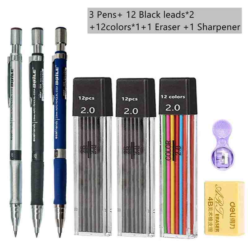 Mechanical Pencil Set 20mm – 2B Black & Color Lead Refills